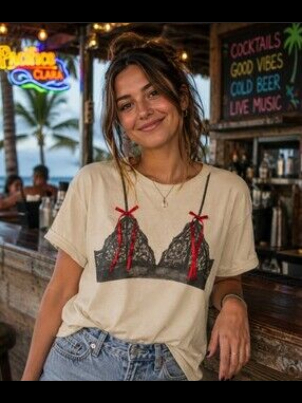 Women's Short Sleeve Graphic Tee with Lace Bralette Print - Cream Medium